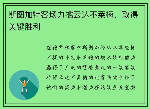 斯图加特客场力擒云达不莱梅，取得关键胜利