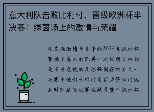 意大利队击败比利时，晋级欧洲杯半决赛：绿茵场上的激情与荣耀