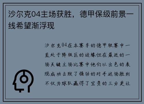沙尔克04主场获胜，德甲保级前景一线希望渐浮现