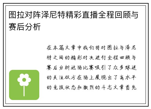 图拉对阵泽尼特精彩直播全程回顾与赛后分析