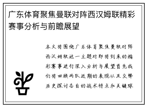 广东体育聚焦曼联对阵西汉姆联精彩赛事分析与前瞻展望
