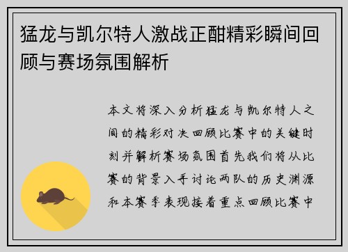 猛龙与凯尔特人激战正酣精彩瞬间回顾与赛场氛围解析