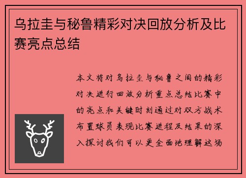 乌拉圭与秘鲁精彩对决回放分析及比赛亮点总结