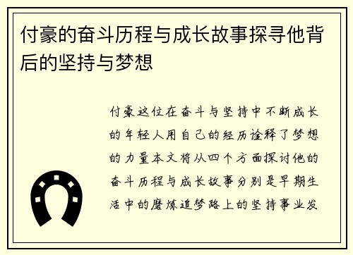 付豪的奋斗历程与成长故事探寻他背后的坚持与梦想