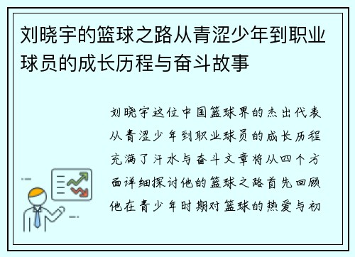 刘晓宇的篮球之路从青涩少年到职业球员的成长历程与奋斗故事