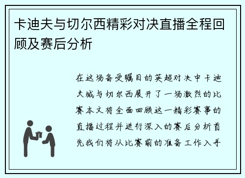 卡迪夫与切尔西精彩对决直播全程回顾及赛后分析