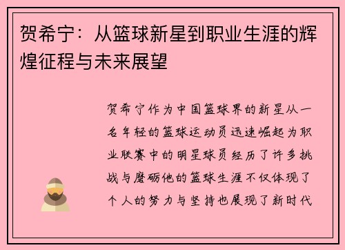 贺希宁：从篮球新星到职业生涯的辉煌征程与未来展望