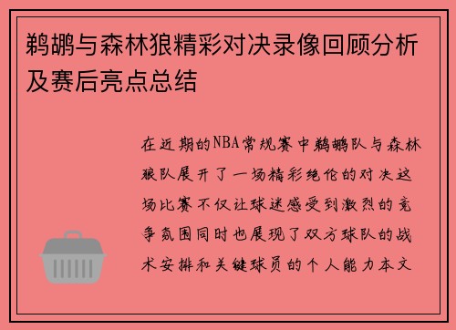 鹈鹕与森林狼精彩对决录像回顾分析及赛后亮点总结