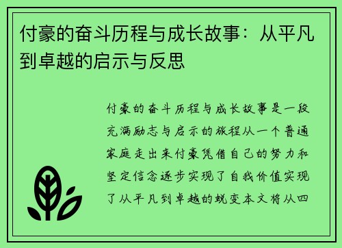 付豪的奋斗历程与成长故事：从平凡到卓越的启示与反思
