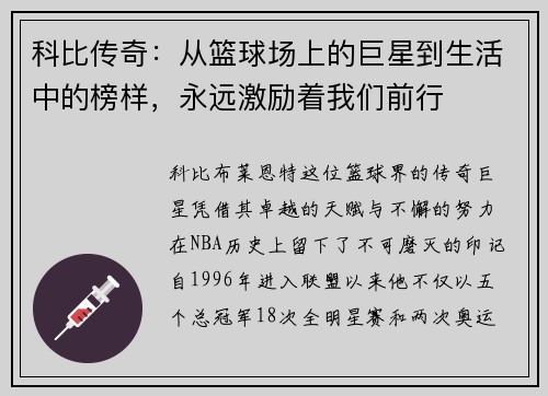 科比传奇：从篮球场上的巨星到生活中的榜样，永远激励着我们前行