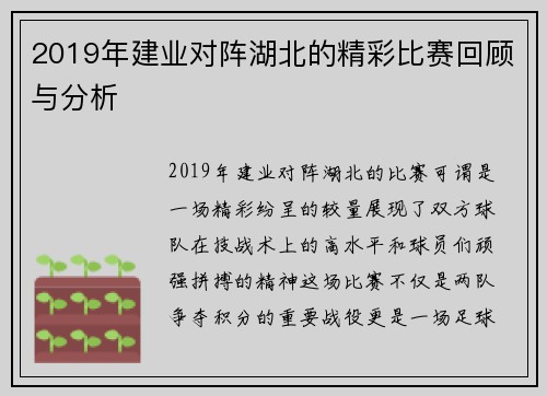 2019年建业对阵湖北的精彩比赛回顾与分析