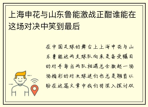 上海申花与山东鲁能激战正酣谁能在这场对决中笑到最后